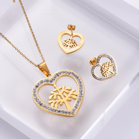 Collana Cuore Albero Della Vita E Orecchini A Lobo Acciaio Inossidabile Placcato Oro 18K Strass Gioielli