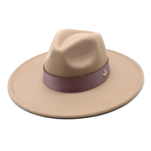 Wool Felt Wide Brim Fedora Hat With Ribbon Band And Metal Bee Accessory Vintage Elegant Jazz Cap For Women Men