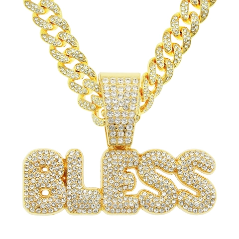 Iced Out BLESS Letter Pendant Necklace Alloy Rhinestone Cuban Chain Hip Hop Jewelry