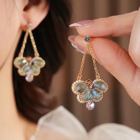 Vintage Schmetterling Ohrhänger Böhmische Lange Quaste Kristall Glas Wassertropfen Mit Silver Earring Post