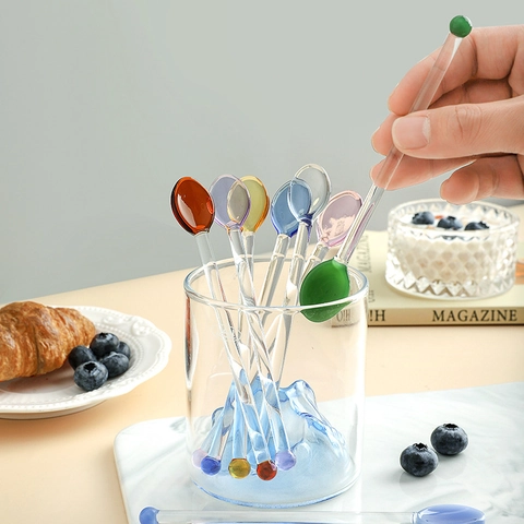 Cucchiaio Per Mescolare In Vetro Creativo Manico Lungo Resistente Al Calore Testa Rotonda Colorata Per Caffè Dessert Bevande