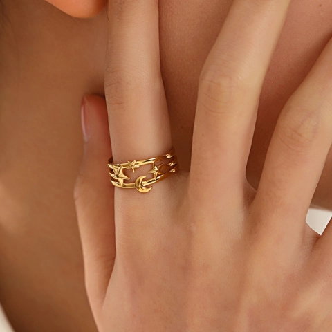 Anillo De Estrella Luna Vintage De Acero Inoxidable Abierto Ajustable Joyas De Dedo Multicapa Para Mujer Retro Elegante