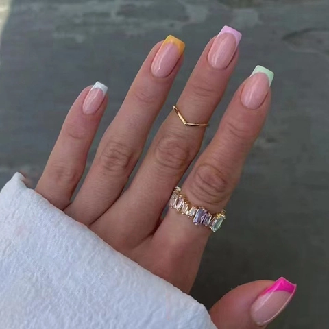 French Tip Press On Nails Colorful Multi Color Square Shape Medium Fake Nails For Women Summer Style