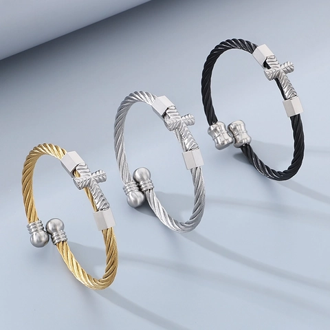 Bracciale Rigido Croce Acciaio Inossidabile Cavo Intrecciato Fune Metallica Polsino Aperto Gioielli Punk Rock Uomo Donna