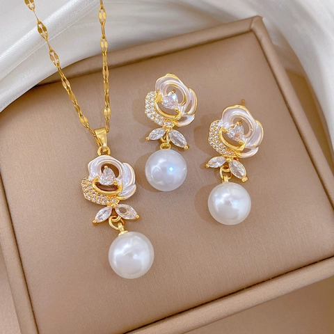 Collana E Orecchini A Fiore Di Rosa Per Donna Stile Palazzo Placcato Oro Acciaio Inossidabile Zirconia Perla Artificial