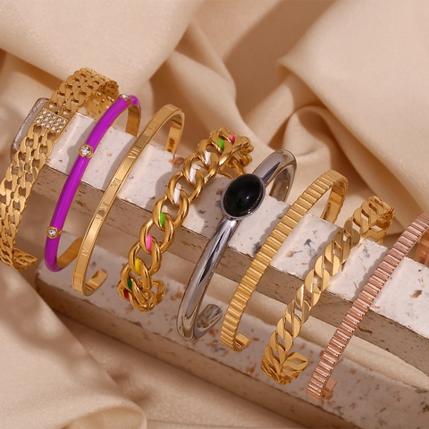 Bracciale Rigido Aperto in Acciaio Inossidabile per Donna Placcato Oro 18K Trama a Catena Smalto Agata Intarsiato Strass Gioielli