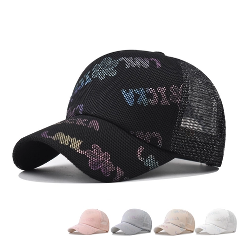 Cappello Trucker In Rete Con Paillettes Traspirante Motivo Floreale Lettere Cotone Baseball Regolabile Protezione Solare Moda