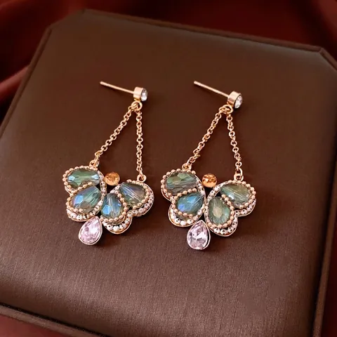 Butterfly Drop Earrings Vintage Ethnic Copper With Glass Stones And Silver Earring Post Long Chain Tassels Elegant