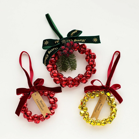 Christmas Bell Wreath Hanging Ornament Metal Iron Velvet Ribbon Bowknot Artificial Berries Door Wall Tree Festive Decor