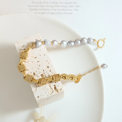 Ins Stil Messing Kette Patchwork Grau Süßwasserperle Armband Für Damen Vintage Vergoldet Schmuck Valentinstag Geschenk