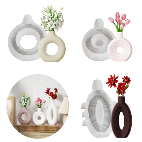 Silicone Vase Mold DIY Resin Gypsum Hollow Circular Oval Stripe Nordic Modern Home Decor Handmade Art Crafting Casting
