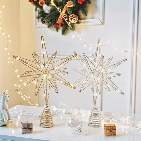 LED Lighted Christmas Tree Topper Star Iron Art Glitter Hollow Octagonal Star Xmas Holiday Tree Decorations