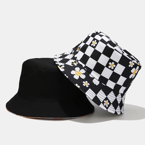 Checkerboard Daisy Floral Print Women Cotton Bucket Hat Double Sided Wearable Summer Sun Protection Wide Brim Basin Hat