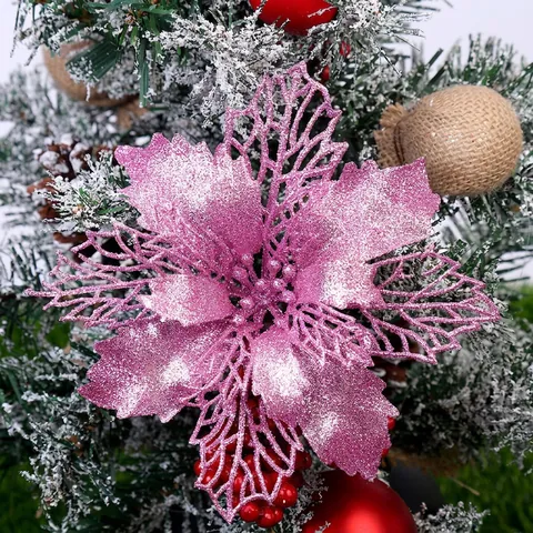 Fleurs De Poinsettia Artificielles De Noël Paillettes Mailles Creuses Ornements D'arbre Scintillants Pour Décoration De Fête