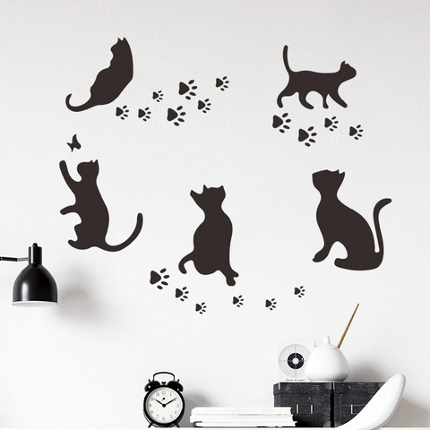 Stickers Muraux Silhouette Chat Noir Empreintes De Pattes Papillon Décalcomanies PVC Pour Décoration De Chambre Salon
