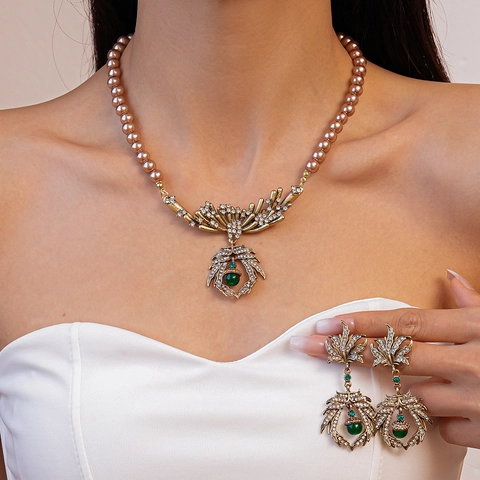 Collar Y Pendientes De Cobre Vintage Hoja Strass Con Poste De Plata Perlas Artificiales Sintéticas Piedra Preciosa Verde Joyería