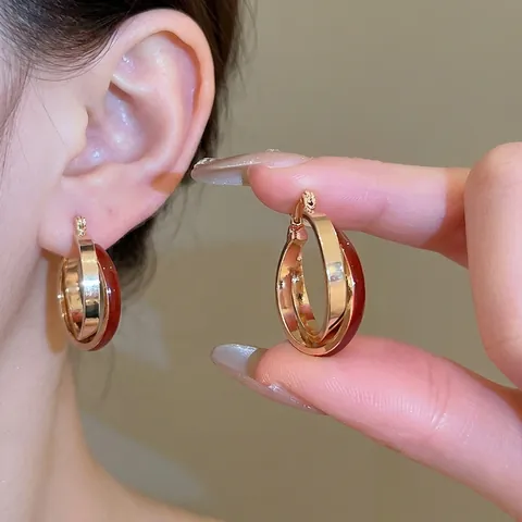 Retro Red Enamel Hoop Earrings Double Layer Cross Design Copper Jewelry With Silver Earring Post Elegant Women Accessory