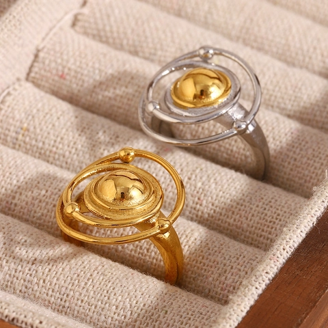 Planet Orbit Ring Stainless Steel 18K Gold Plated Two Tone Celestial Saturn Minimalist Geometric Fashion Jewelry