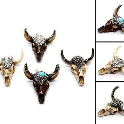 Pendente Teschio Testa Di Toro Resina Strass Turchese Stile Etnico Tribale Per Creazione Gioielli Fai Da Te Regalo