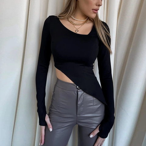 Women Slim Fit Irregular Hem Long Sleeve T-Shirt Solid Color Asymmetrical Top With Thumbhole Cuffs Polyester Spandex