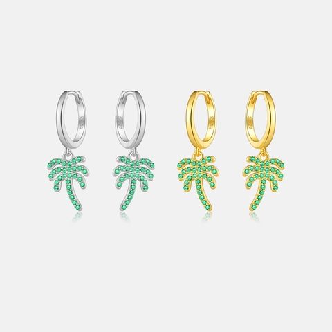 Palmboom Hanger Hoop Oorbellen 925 Sterling Zilver Groene Zirkoon Tropische Zomer Vakantie Strand Sieraden Voor Dames
