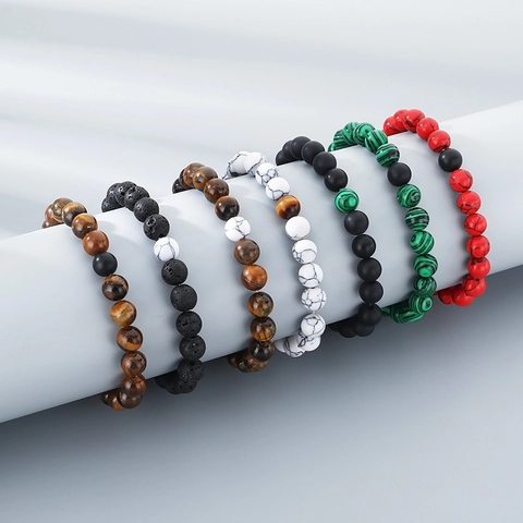 Natural Tiger Eye Stone Beaded Bracelets Black Matte Agate Lava Rock White Turquoise Elastic Minimalist Jewelry For Men