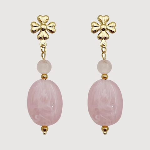 Pink Natural Stone Drop Earrings Stainless Steel Gold Flower Stud Sweet Elegant Jewelry For Women