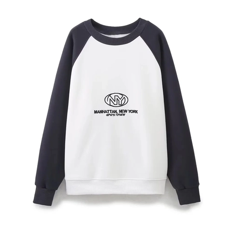 Sudadera Mujer Mezcla Algodón Manga Raglán Cuello Redondo Bordado Manhattan Top De Pulóver Streetwear Informal
