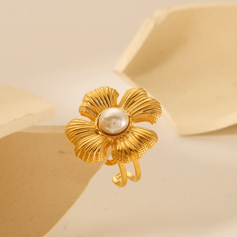 French Vintage Flower Ring 18K Gold Plated Stainless Steel With Artificial Pearl Adjustable Opening Elegant Jewelry For Women