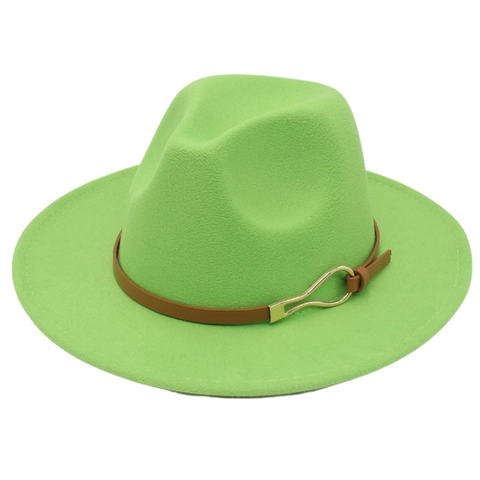 Chapeau Fedora Élégant en Feutre de Laine Avec Ceinture en Similicuir Boucle Métal Doré Bord Large Style Britannique