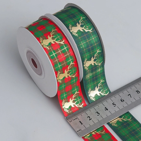 Weihnachtsband Ripsband Kariert Tartan Vergoldeter Rentier Elch Druck Für Geschenkverpackung DIY Feiertagsdeko