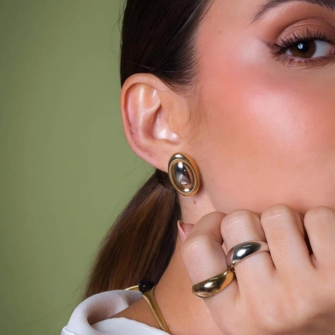 Boucles D'oreilles Puces Ovales Bicolores Plaqué Or 18K Acier Inoxydable Bijoux Géométriques Pour Femmes