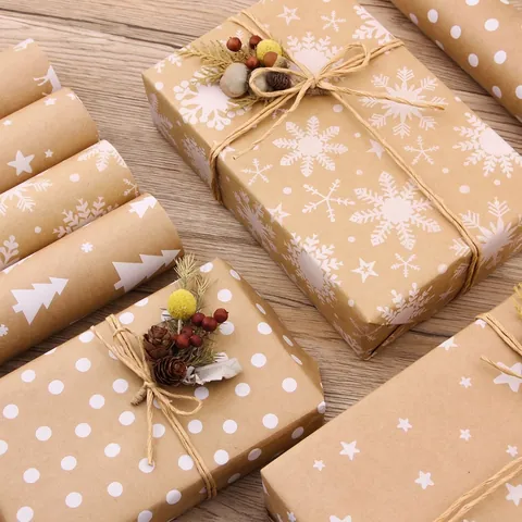 Papel De Embalaje Kraft Navidad Retro Copo Nieve Árbol Alce Patrón Bricolaje Regalo Festivo