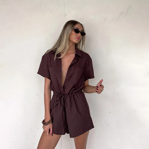 Short Sleeve Romper Women Polyester Solid Color Shirt Collar Button Down Drawstring Waist Casual Pocket Jumpsuit