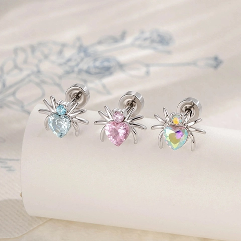 Heart Shaped Zircon Spider Ear Cartilage Stud Titanium Steel Piercing Jewelry Double Headed Screw Back For Men Women