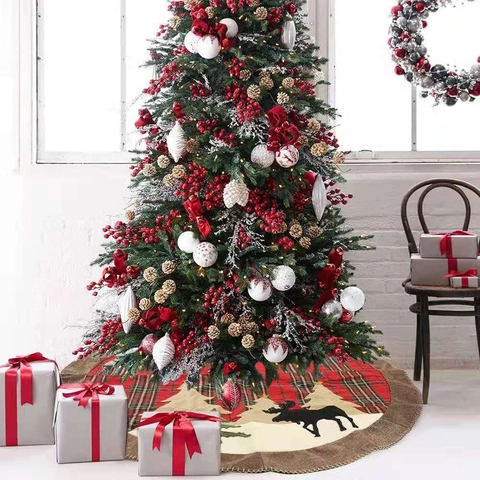 Weihnachtsbaumdecke Karomuster Leinenrand Rentier Stickerei Klassisch Rot Grün Tartan Rund Festliche Feiertagsdekoration