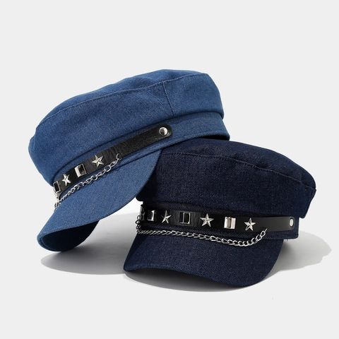 Cappello Militare Vintage In Denim Da Donna Stile Punk Con Catena In Metallo E Borchie A Stella Berretto Streetwear
