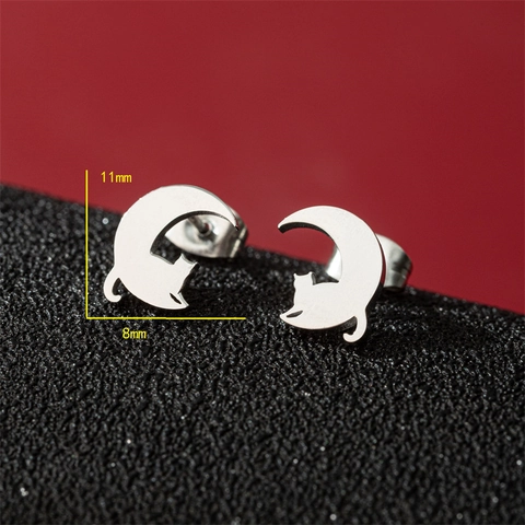 Boucles D'oreilles Chat Lune Acier Inoxydable Mignonne Silhouette Animale Bijoux De Mode Minimaliste Pour Femmes Filles Cadeau
