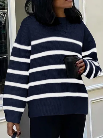 Damen Gestreifter Pullover Langarm Strickoberteil Lockerer Schnitt Rückenfreier V-Ausschnitt Polyester Polyamid Wolle Elastan