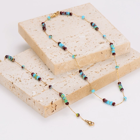 Gioielli Collana E Bracciale Acciaio Inossidabile 304 Placcato Oro 18K Perline Di Vetro Colorate Per Donna Stile Retrò Francese