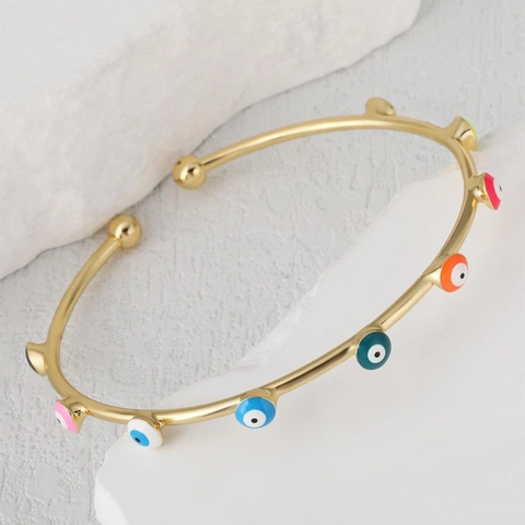 Bracelet Jonc Mauvais Oeil Cuivre Plaque Or Email Colore Reglable Manchette Ouverte Bijoux De Mode Pour Femmes