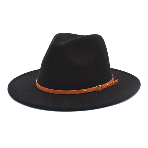 Vintage Woolen Fedora Hat For Men Women Wide Brim Jazz Hat With Leather Belt Buckle Autumn Winter Flat Brim Party Dress Hat