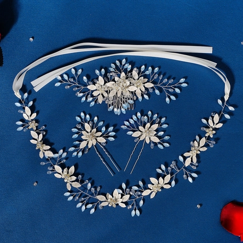 Diadema De Novia Hecha A Mano Peine Para El Cabello Y Horquillas Diamantes De Imitación Opalo Flor Tocado Boda Mujeres Plata