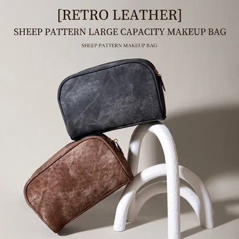 Retro PU Leather Makeup Bag Denim Texture Large Capacity Travel Toiletry Organizer Star Metal Zipper Portable Cosmetic Pouch
