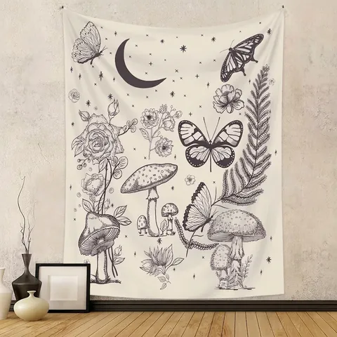 Wandtapijt Polyester Vlinder Paddenstoel Maan Bloemenprint Bohemien Vintage Natuur Achtergronddoek Decoratie