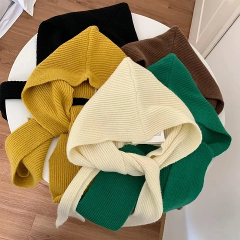 Gorro Bufanda Con Capucha Para Mujer Balaclava Tejido Integrado Invierno Cálido Cortavientos Color Sólido Acrílico