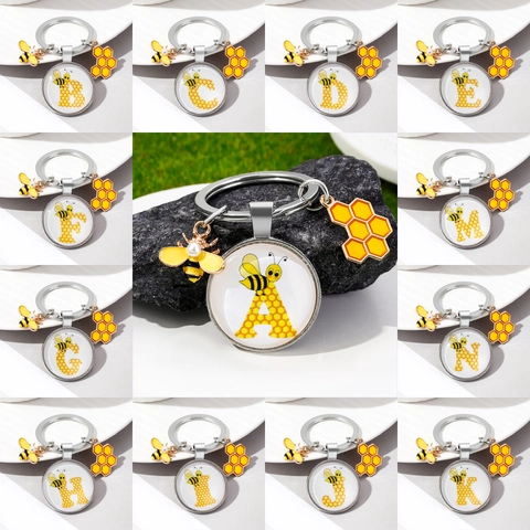 Llavero con Letra Inicial de Abeja y Panal Lindo para Mujer Colgante de Cúpula de Vidrio de Aleación de Metal Llavero Regalo de Joyería