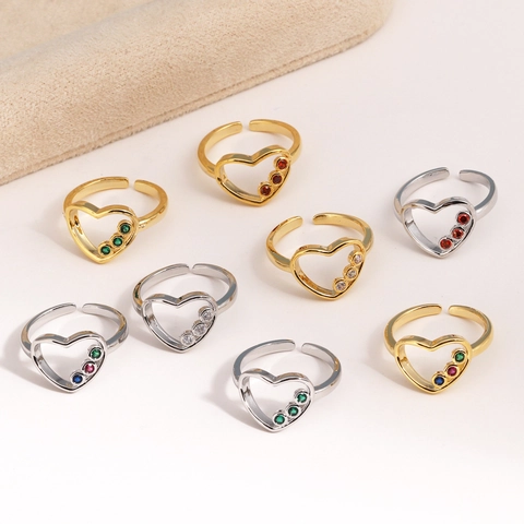 Herzform Verstellbarer Ring Kupfer 14K Vergoldet Zirkon Mikro Eingelegt Modeschmuck Für Damen