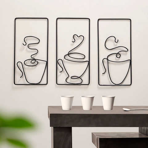 Minimalist Metal Iron Coffee Cup Wall Decor Abstract Line Art Hanging Sign For Kitchen Dining Cafe Office Modern Home