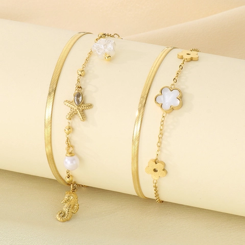 Cavigliera A Strati Acciaio Inossidabile Oro Stella Marina Conchiglia Fiore Perla Artificial Catena Serpente Gioielli Per Piedi